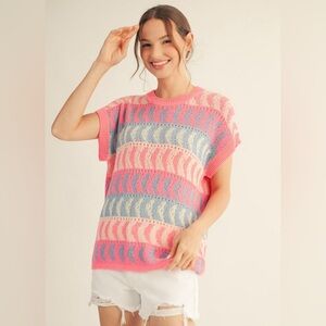 Pink blue crochet eyelet knit bubble sleeve western blouse tunic top sweater